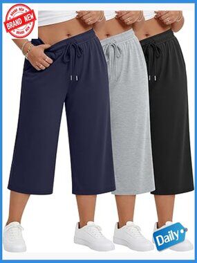 3 Pack Plus Size Capri Pants Drawstring Loose Lounge Sweatpants with Pockets